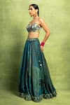 Buy_Vedika M_Green Tissue, Satin, Silk Mirrors, Sequins, Abstract Floral Print Lehenga Set  