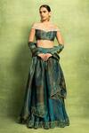 Buy_Vedika M_Green Tissue, Satin, Linen, Silk Mirrors, Embroidery, Off Hand Lehenga Set _at_Aza_Fashions