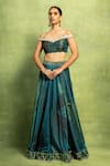 Vedika M_Green Tissue, Satin, Linen, Silk Mirrors, Embroidery, Off Hand Lehenga Set _Online_at_Aza_Fashions