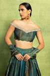 Buy_Vedika M_Green Tissue, Satin, Linen, Silk Mirrors, Embroidery, Off Hand Lehenga Set _Online_at_Aza_Fashions