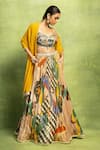 Buy_Vedika M_Beige Tissue, Silk Embroidery, Sequins, Abstract Print Gathered Lehenga Set _at_Aza_Fashions