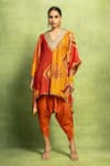 Buy_Vedika M_Orange Tissue, Satin, Linen, Silk Abstract Print Kaftan Top And Dhoti Pant Set _at_Aza_Fashions