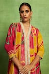 Vedika M_Pink Tissue, Silk Embroidery, Hand Paneled Kurta And Asymmetrical Pant Set _Online_at_Aza_Fashions