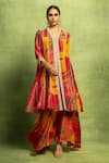 Buy_Vedika M_Pink Tissue, Silk Embroidery, Hand Paneled Kurta And Asymmetrical Pant Set _Online_at_Aza_Fashions