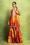 Buy_Vedika M_Red Tissue, Satin, Linen, Silk Abstract Floral Print Kurta And Sharara Pant Set _at_Aza_Fashions