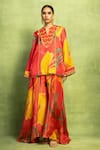 Buy_Vedika M_Red Tissue, Satin, Linen, Silk Abstract Floral Print Kurta And Flared Pant Set 