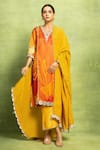 Buy_Vedika M_Orange Satin, Linen Embroidery, Mirrors V-neck Abstract Floral Hand Kurta Set _at_Aza_Fashions