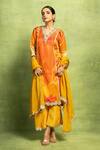 Shop_Vedika M_Orange Satin, Linen Embroidery, Mirrors V-neck Abstract Floral Hand Kurta Set _Online_at_Aza_Fashions