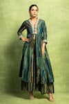 Buy_Vedika M_Green Tissue, Silk Embroidery, Abstract Floral Print Gathered Kurta And Pant Set _at_Aza_Fashions