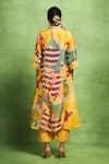 Shop_Vedika M_Yellow Tissue, Silk, Satin, Linen Abstract Print Hand Kurta And Pant Set _at_Aza_Fashions