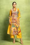 Buy_Vedika M_Yellow Tissue, Silk, Satin, Linen Abstract Print Hand Kurta And Pant Set _at_Aza_Fashions