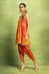 Vedika M_Orange Satin, Linen, Tissue, Silk Abstract Floral Print Kurta And Dhoti Pant Set _at_Aza_Fashions