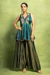 Buy_Vedika M_Green Satin, Linen, Tissue, Silk Abstract Floral Print Gathered Kurta And Pant Set _at_Aza_Fashions