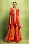 Buy_Vedika M_Orange Satin, Linen, Tissue Abstract Floral Print Jacket And Sharara Set _at_Aza_Fashions