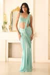 Buy_Richa Jaisinghani Label_Aqua Georgette Sequins, Beads, Amira Embellished Pre-draped Saree And Blouse Set _at_Aza_Fashions