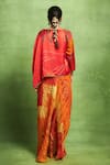 Shop_Vedika M_Red Satin, Linen, Tissue, Silk Abstract Floral Overlap Top And Pleated Skirt _at_Aza_Fashions