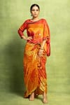 Buy_Vedika M_Red Satin, Linen, Tissue, Silk Abstract Floral Overlap Top And Pleated Skirt _at_Aza_Fashions