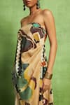 Vedika M_Beige Linen, Tissue, Silk Abstract Print Draped Off Top And Skirt Set _Online_at_Aza_Fashions