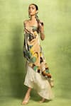 Vedika M_Beige Linen, Tissue, Silk Abstract Print Draped Off Top And Skirt Set _at_Aza_Fashions