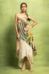 Buy_Vedika M_Beige Linen, Tissue, Silk Abstract Print Draped Off Top And Skirt Set _at_Aza_Fashions