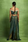 Shop Vedika M Green Tissue, Silk Embroidery Off-shoulder, Hand Bustier And Pleated Skirt Set at Aza Fashions Shop_Vedika M_Green Tissue, Silk Embroidery Off-shoulder, Hand Bustier And Pleated Skirt Set _at_Aza_Fashions