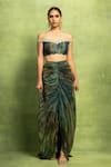 Shop Vedika M Green Tissue, Silk Embroidery Off-shoulder, Hand Bustier And Pleated Skirt Set Online at Aza Fashions Shop_Vedika M_Green Tissue, Silk Embroidery Off-shoulder, Hand Bustier And Pleated Skirt Set _Online_at_Aza_Fashions