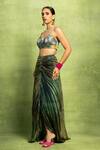 Buy_Vedika M_Green Tissue Sequins, Tassels V-neck Bustier And Hand Pleated Skirt Set _Online_at_Aza_Fashions