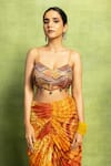 Vedika M_Orange Tissue Sequins, Metallic Thread Bustier And Hand Pleated Skirt Set _Online_at_Aza_Fashions