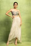 Buy_Vedika M_Beige Tissue, Silk Sequins Embroidered Bustier And Hand Pleated Skirt Set _at_Aza_Fashions
