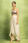 Shop_Vedika M_Beige Tissue, Silk Sequins Embroidered Bustier And Hand Pleated Skirt Set _Online_at_Aza_Fashions