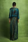 Shop_Vedika M_Teal Satin, Linen Embroidery, Metallic Abstract Floral Jacket And Skirt Set _at_Aza_Fashions