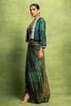 Shop_Vedika M_Teal Satin, Linen Embroidery, Metallic Abstract Floral Jacket And Skirt Set _Online_at_Aza_Fashions