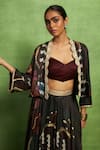 Vedika M_Black Satin, Linen Embroidery, Beads Open Abstract Print Crop Jacket And Skirt Set _Online_at_Aza_Fashions