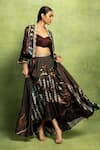 Shop_Vedika M_Black Satin, Linen Embroidery, Beads Open Abstract Print Crop Jacket And Skirt Set _Online_at_Aza_Fashions