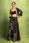 Buy_Vedika M_Black Satin, Linen Embroidery, Beads Open Abstract Print Crop Jacket And Skirt Set _at_Aza_Fashions