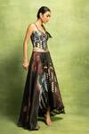 Vedika M_Black Satin, Linen Sequins, Embroidery Sweetheart Bustier And Abstract Skirt Set _at_Aza_Fashions