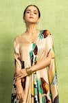 Vedika M_Beige Satin, Linen V-neck Abstract Print Kaftan _Online_at_Aza_Fashions