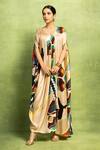 Buy_Vedika M_Beige Satin, Linen V-neck Abstract Print Kaftan _at_Aza_Fashions