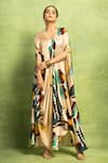 Buy_Vedika M_Beige Satin, Linen V-neck Abstract Print Kaftan _Online_at_Aza_Fashions