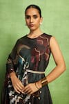 Vedika M Black Satin, Linen Sequins, Mirrors Round Abstract Print Draped Dress With Belt Online at Aza Fashions Vedika M_Black Satin, Linen Sequins, Mirrors Round Abstract Print Draped Dress With Belt _Online_at_Aza_Fashions