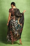 Shop Vedika M Black Satin, Linen Sequins, Mirrors Round Abstract Print Draped Dress With Belt at Aza Fashions Shop_Vedika M_Black Satin, Linen Sequins, Mirrors Round Abstract Print Draped Dress With Belt _at_Aza_Fashions