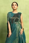Vedika M_Green Satin, Linen Sequins Round Neck Abstract Print Drape With Belt _Online_at_Aza_Fashions