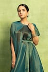 Vedika M_Green Satin, Linen Sequins Round Neck Abstract Print Dress With Belt _Online_at_Aza_Fashions