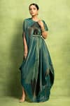 Buy_Vedika M_Green Satin, Linen Sequins Round Neck Abstract Print Dress With Belt _at_Aza_Fashions