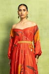 Vedika M Red Satin, Linen Sequins Off-shoulder Abstract Floral Print Dress With Belt Online at Aza Fashions Vedika M_Red Satin, Linen Sequins Off-shoulder Abstract Floral Print Dress With Belt _Online_at_Aza_Fashions