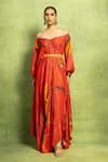 Buy Vedika M Red Satin, Linen Sequins Off-shoulder Abstract Floral Print Dress With Belt at Aza Fashions Buy_Vedika M_Red Satin, Linen Sequins Off-shoulder Abstract Floral Print Dress With Belt _at_Aza_Fashions
