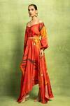 Buy Vedika M Red Satin, Linen Sequins Off-shoulder Abstract Floral Print Dress With Belt Online at Aza Fashions Buy_Vedika M_Red Satin, Linen Sequins Off-shoulder Abstract Floral Print Dress With Belt _Online_at_Aza_Fashions