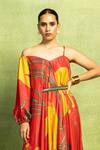 Vedika M_Orange Satin, Linen Sequins Abstract Floral Print Asymmetric Drape Dress And Belt _Online_at_Aza_Fashions