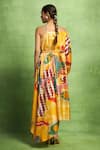 Shop_Vedika M_Yellow Satin, Linen Sequins Off-shoulder Abstract Print Drape Dress With Belt _at_Aza_Fashions