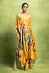 Buy_Vedika M_Yellow Satin, Linen Sequins Off-shoulder Abstract Print Drape Dress With Belt _at_Aza_Fashions